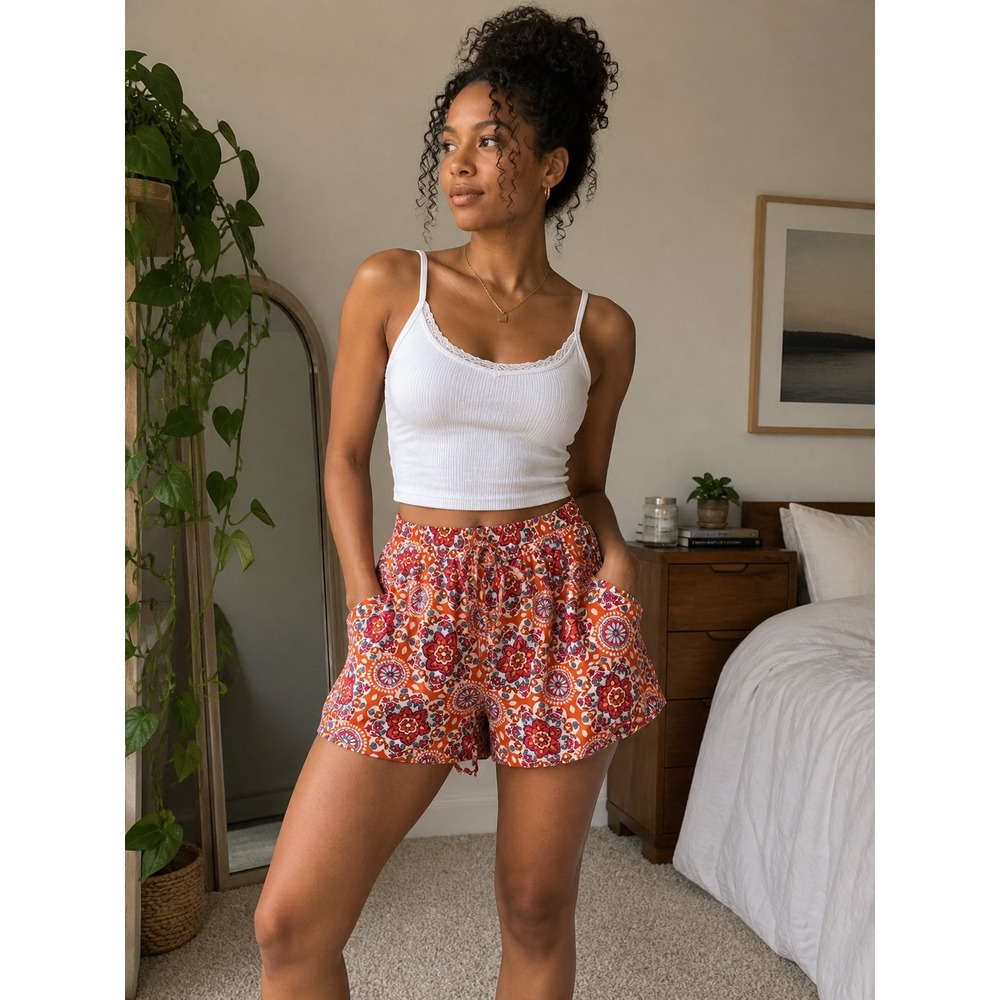 Mossimo Supply Co Womens Orange Medallion Paisley Rayon Boho Shorts Size M